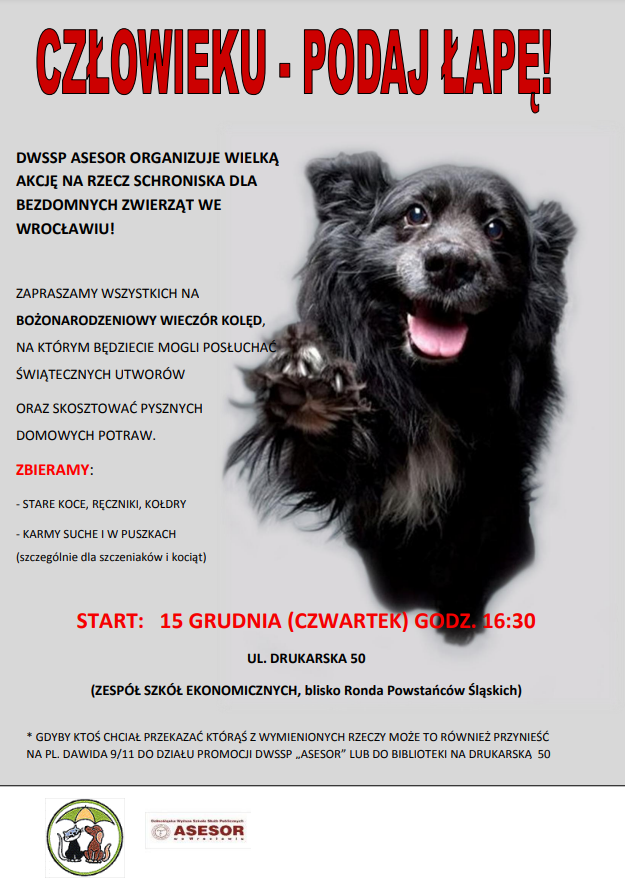 Plakat reklamujący akcje "Człowieku podaj łape!"  dla bezdomnych zwierząt we Wrocławiu